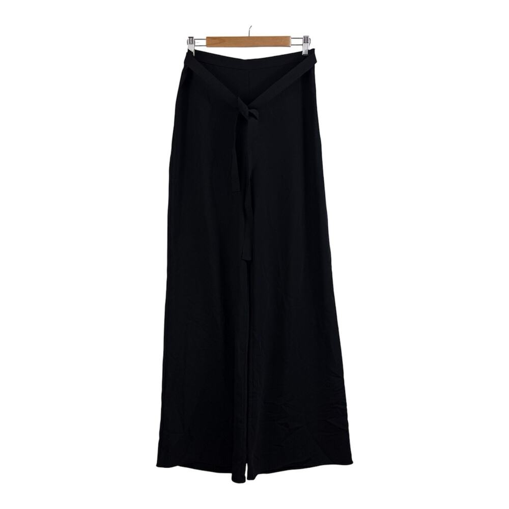 Amanda Uprichard Ariya Black Crepe Wide Leg Trousers Large High Rise Tie Waist